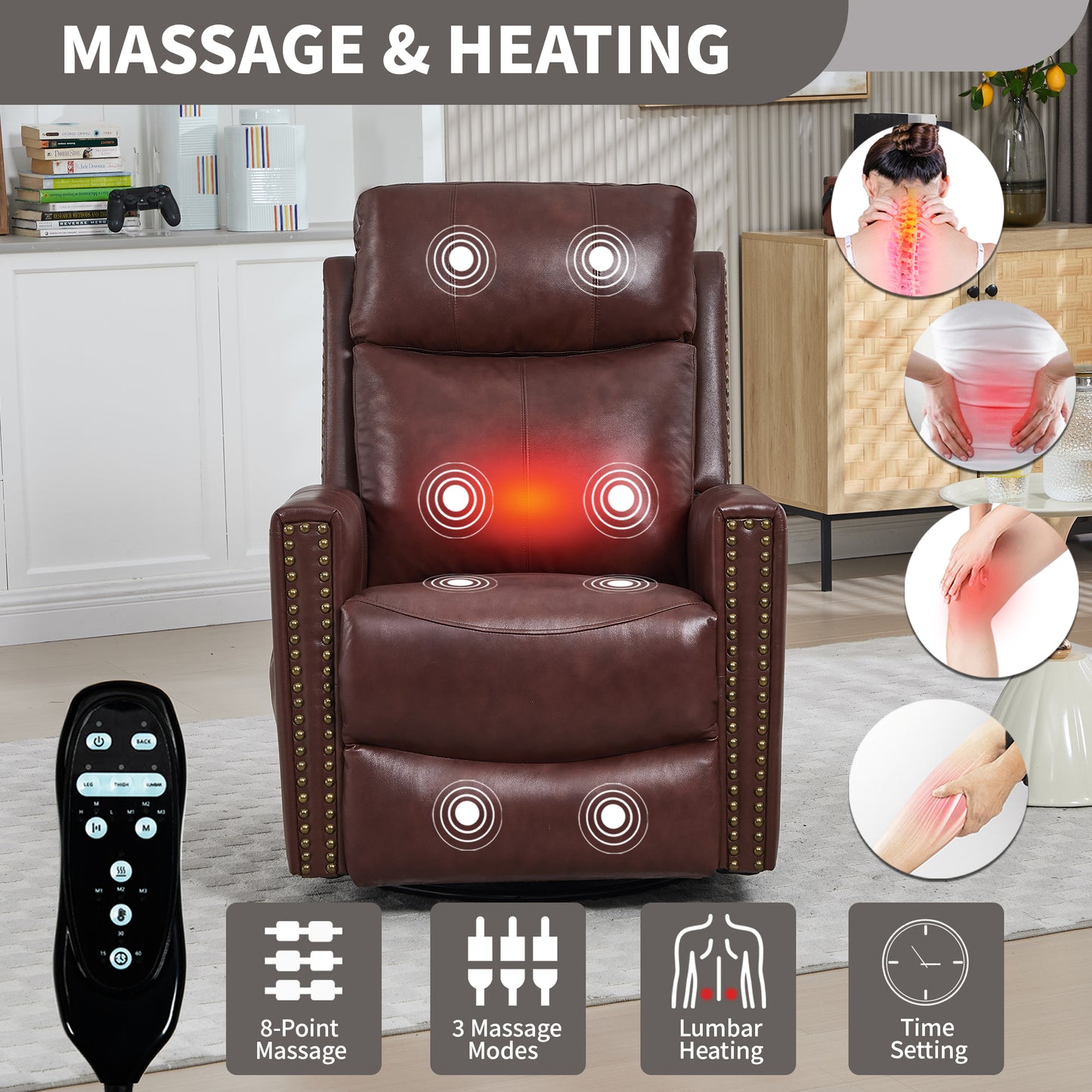 Wine Red Genuine Leather Heat Massage Manual Recliner Chair with Rocker and Swivel for Living Room image 8