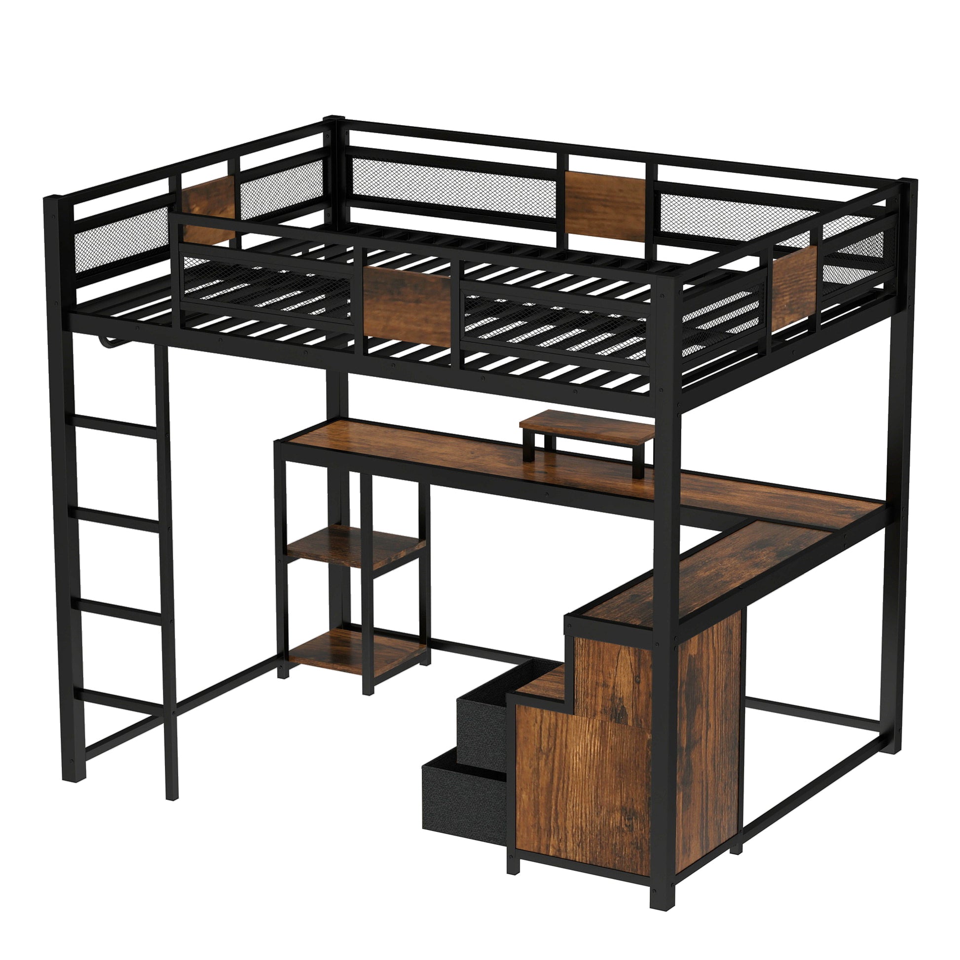 Queen Loft Bed with Desk and Storage Non-woven Fabric Drawers, Metal Loft Bed Frame with Ladders, Nosie-free and No Spring Box Needed, Black image 10