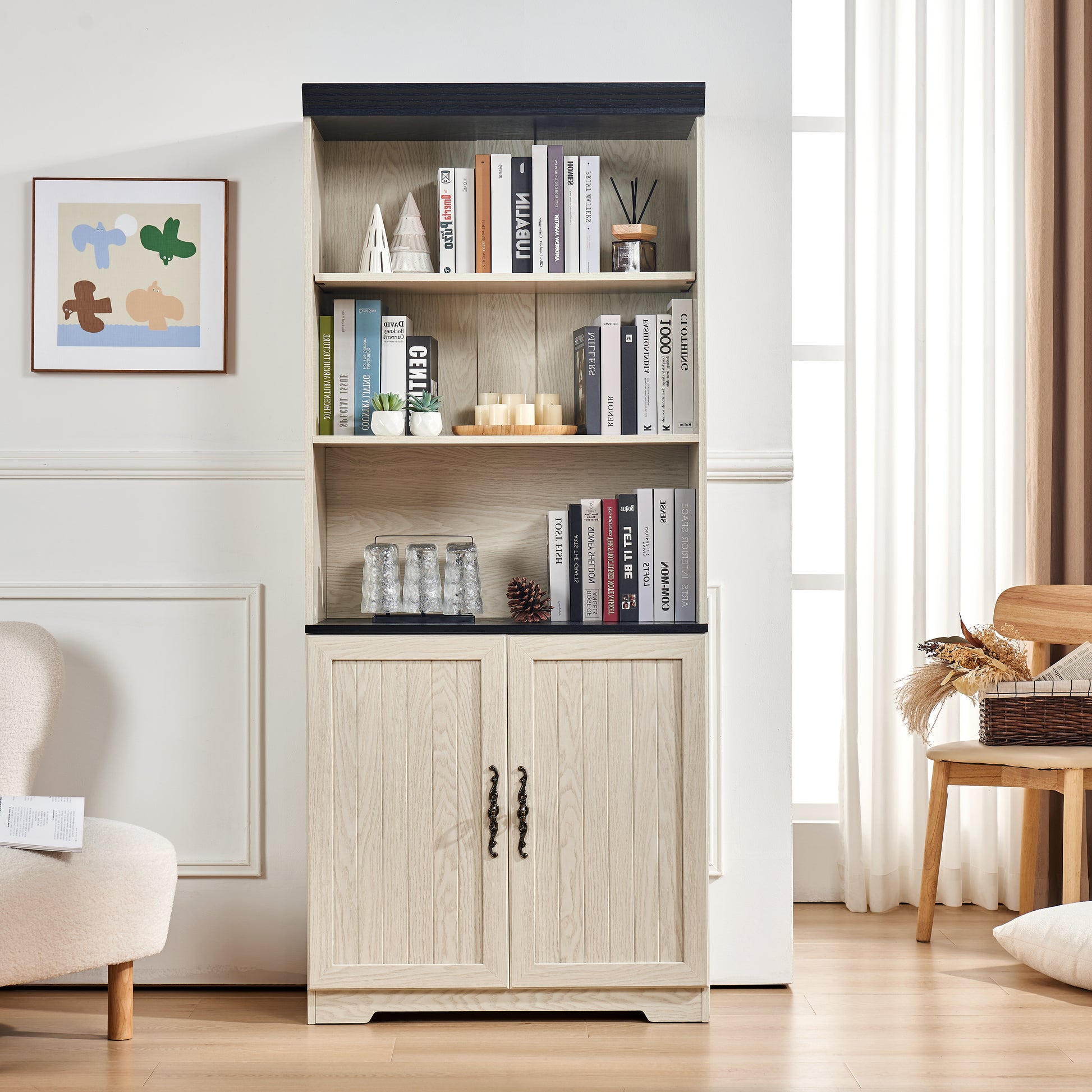 70.86"(180cm) Tall Storage Cabinet, 5 Tier Cube Display Cabinet with Adjustable Shelves and Barn Doors, MDF Wood Freestanding Display Bookshelves for Bedroom,Living Room, Kitchen, Pantry, Bar Cabinet image 1