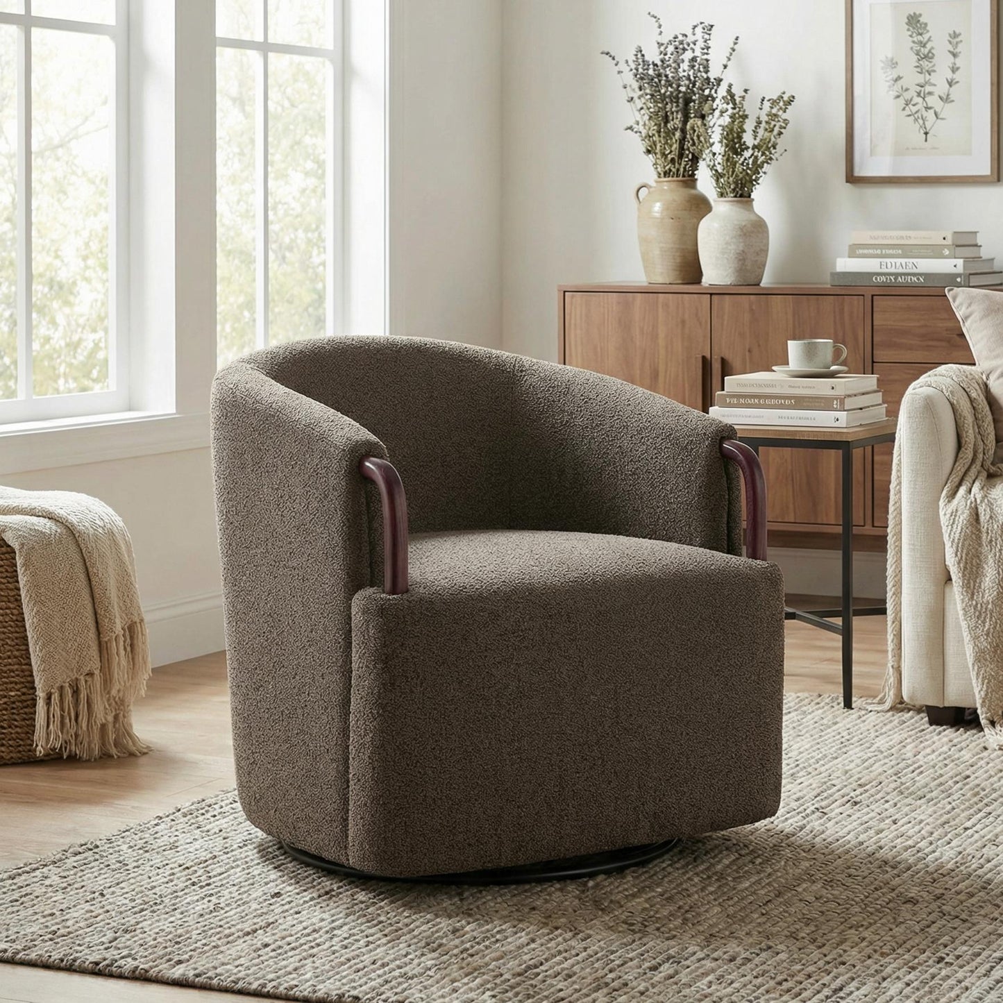 30" Modern Boucle Swivel Barrel Chair with Solid Wood Accents, Soft Durable Upholstery & 360° Swivel Base, Ideal for Living Room, Bedroom, or Office image 2