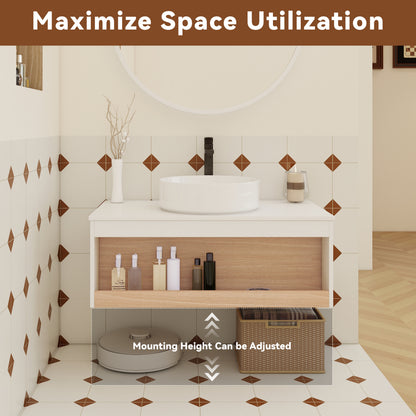 36" Floating Bathroom Vanity with Glossy White Round Vessel Sink, Wall-Mounted Vanity with Open Shelf Storage, White Finish with Durable Countertop, Space-Saving Modern Design (Ships in 2 Boxes) image 3