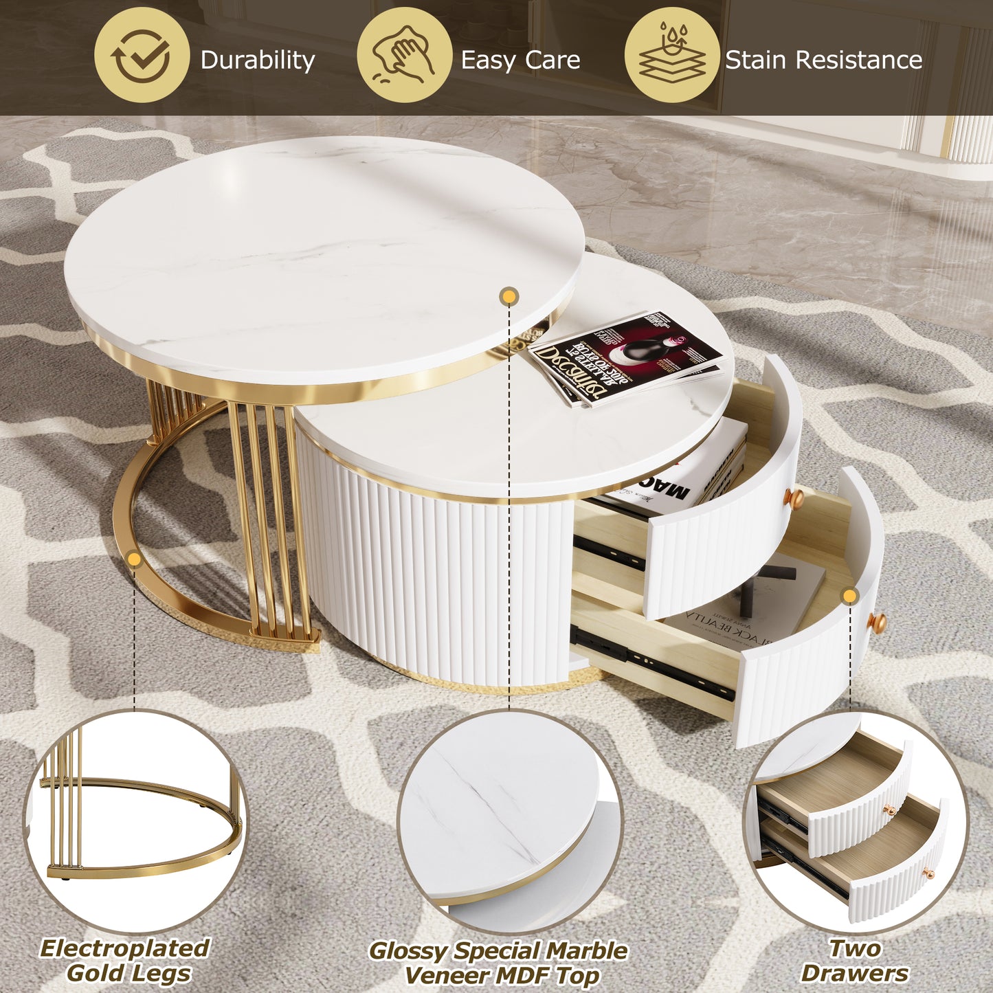 Modern 2 Pieces White Round Nesting Coffee Table with Drawers in 27.6'' image 7
