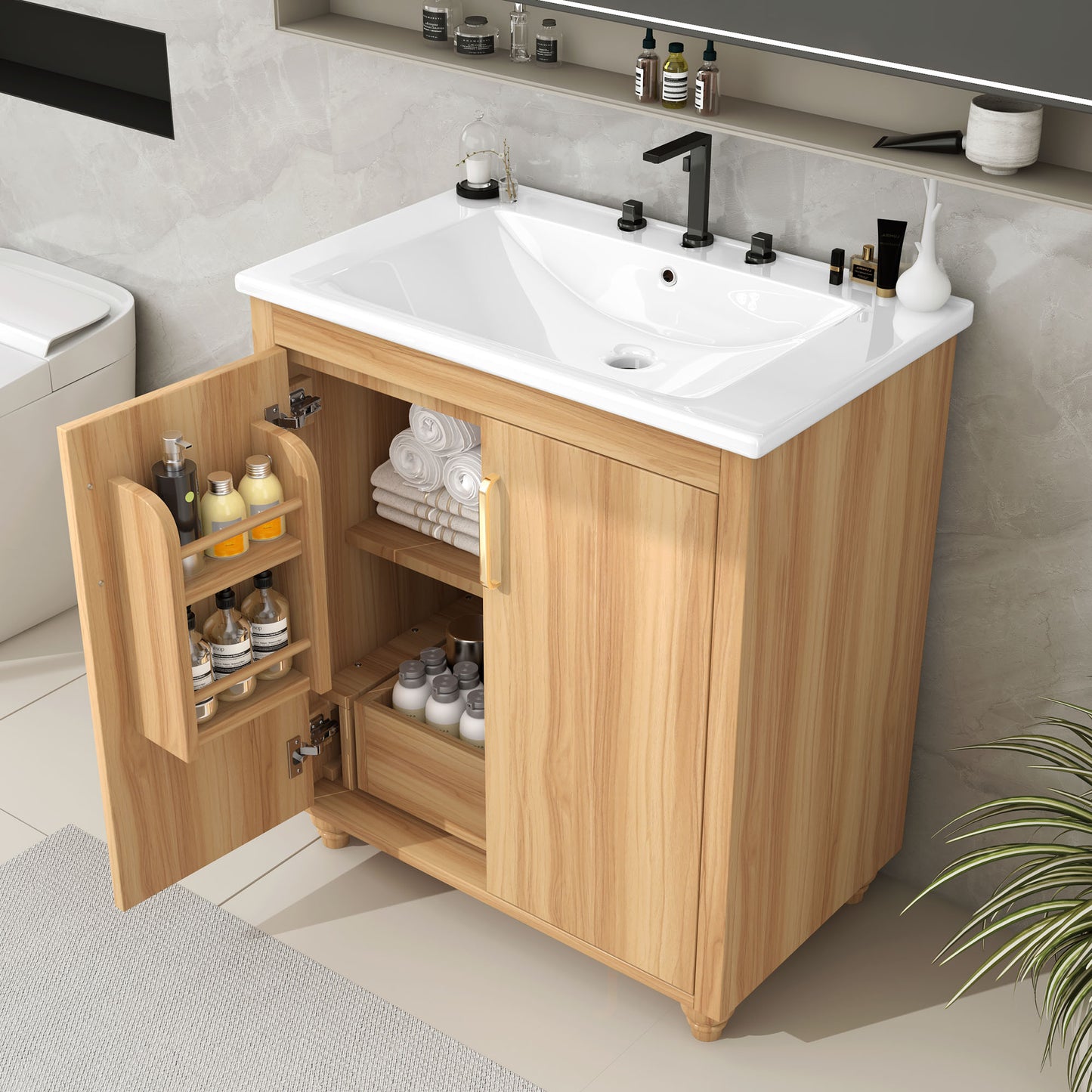 30" Bathroom Vanity with Sink Combo, Multi-functional Bathroom Cabinet with Doors and Drawer, MDF Board, Natural(Old SKU:WF319484AAG) image 7