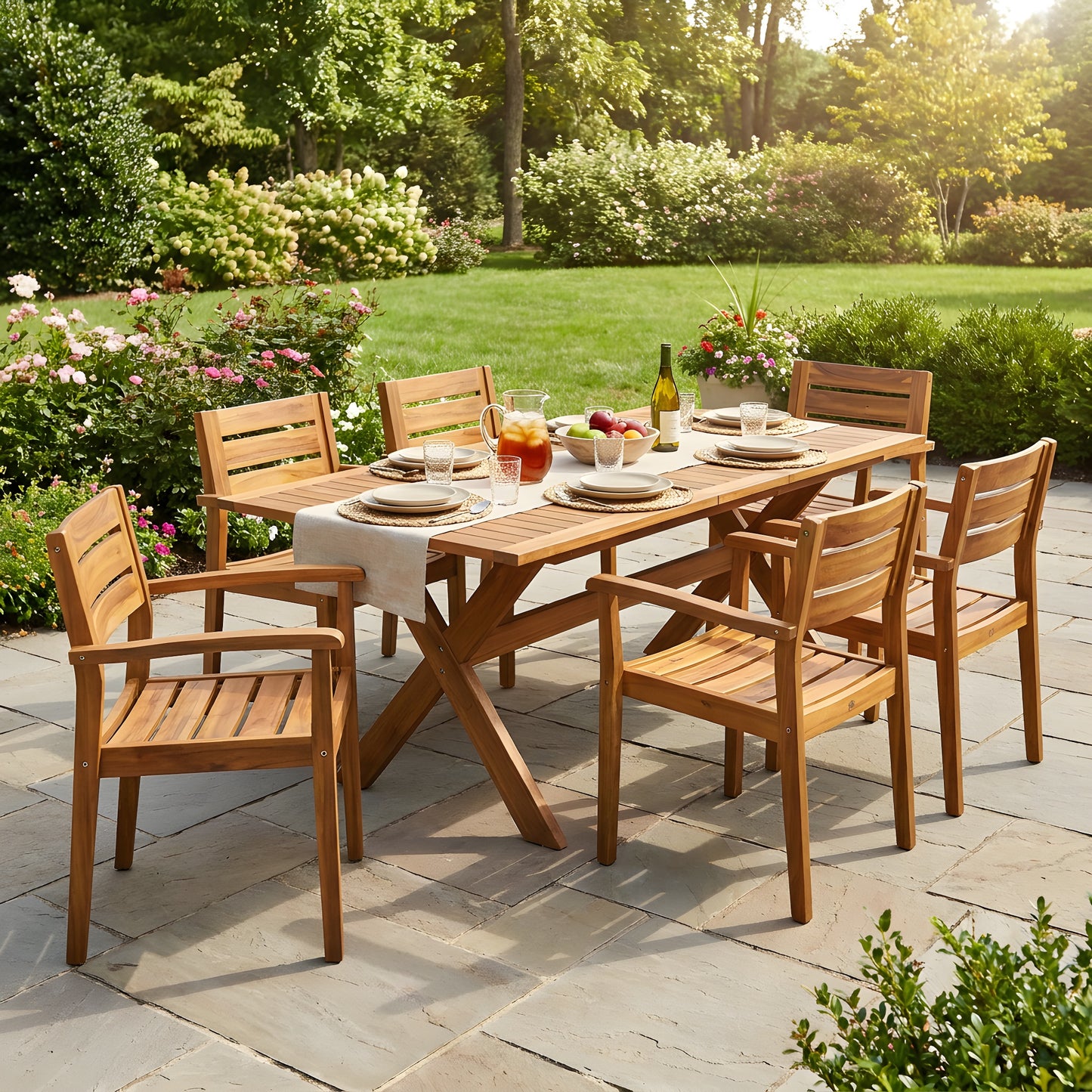 7 Pieces Acacia Wood Outdoor Dining Set s,Modern 6 Chairs 1 Large Table,Dining Furniture Set for Lawn, Backyard, Garden Deck,Poolside,Teak image 1