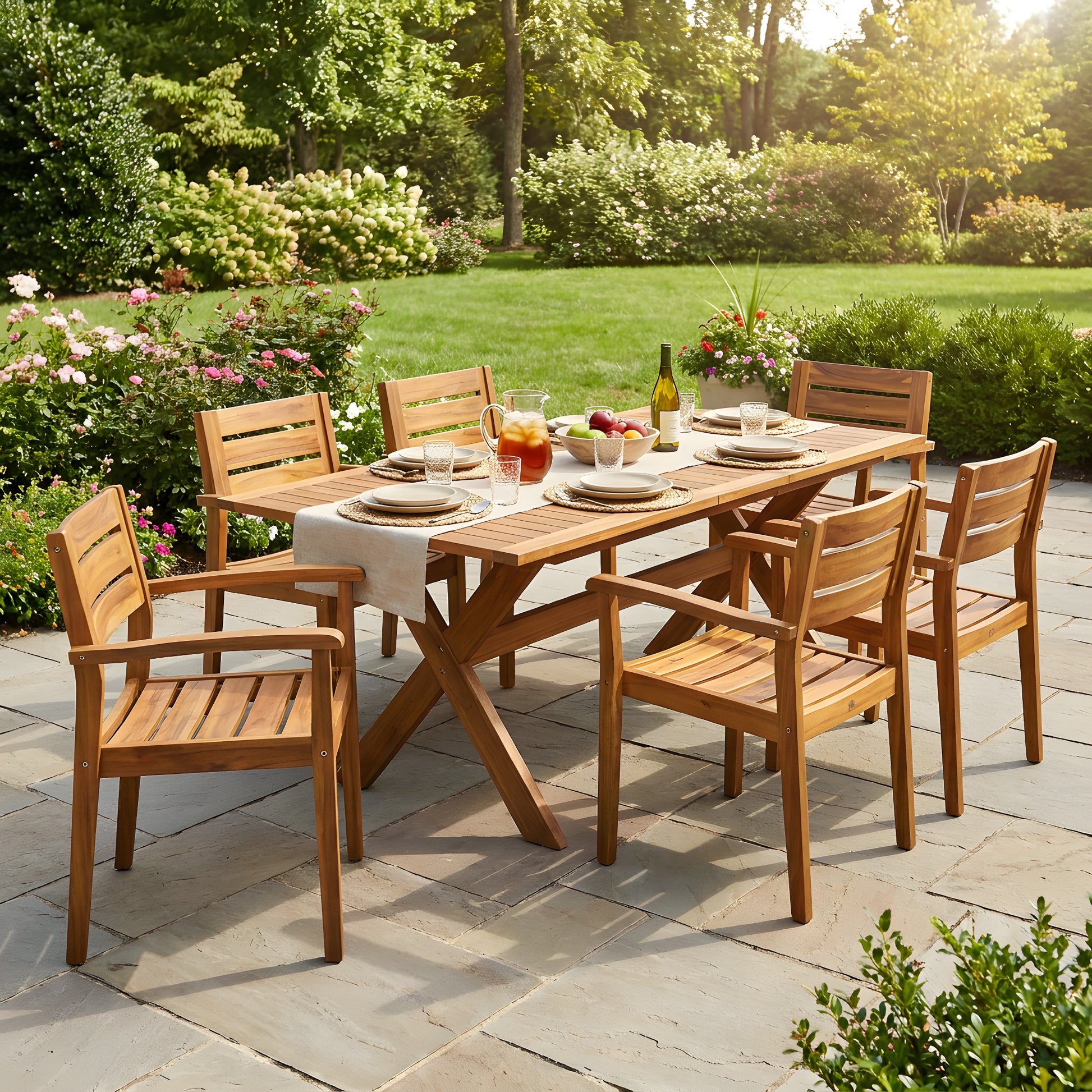 7 Pieces Acacia Wood Outdoor Dining Set s,Modern 6 Chairs 1 Large Table,Dining Furniture Set for Lawn, Backyard, Garden Deck,Poolside,Teak image 1