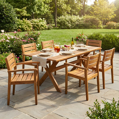 7 Pieces Acacia Wood Outdoor Dining Set s,Modern 6 Chairs 1 Large Table,Dining Furniture Set for Lawn, Backyard, Garden Deck,Poolside,Teak image 1
