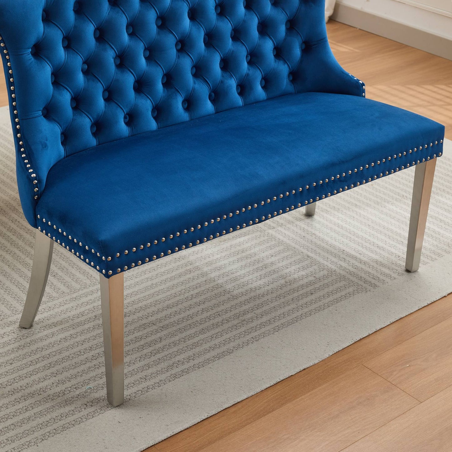Velvet Double Dining Loveseat Bench, Kitchen & Dining Seating, 2-Seat Tufted Bench w/Handmade Buttons, Wing Back, Brushed Silver Stainless Steel Legs, Mid Century Modern,Single Pack,Blue,SW1702BL image 10