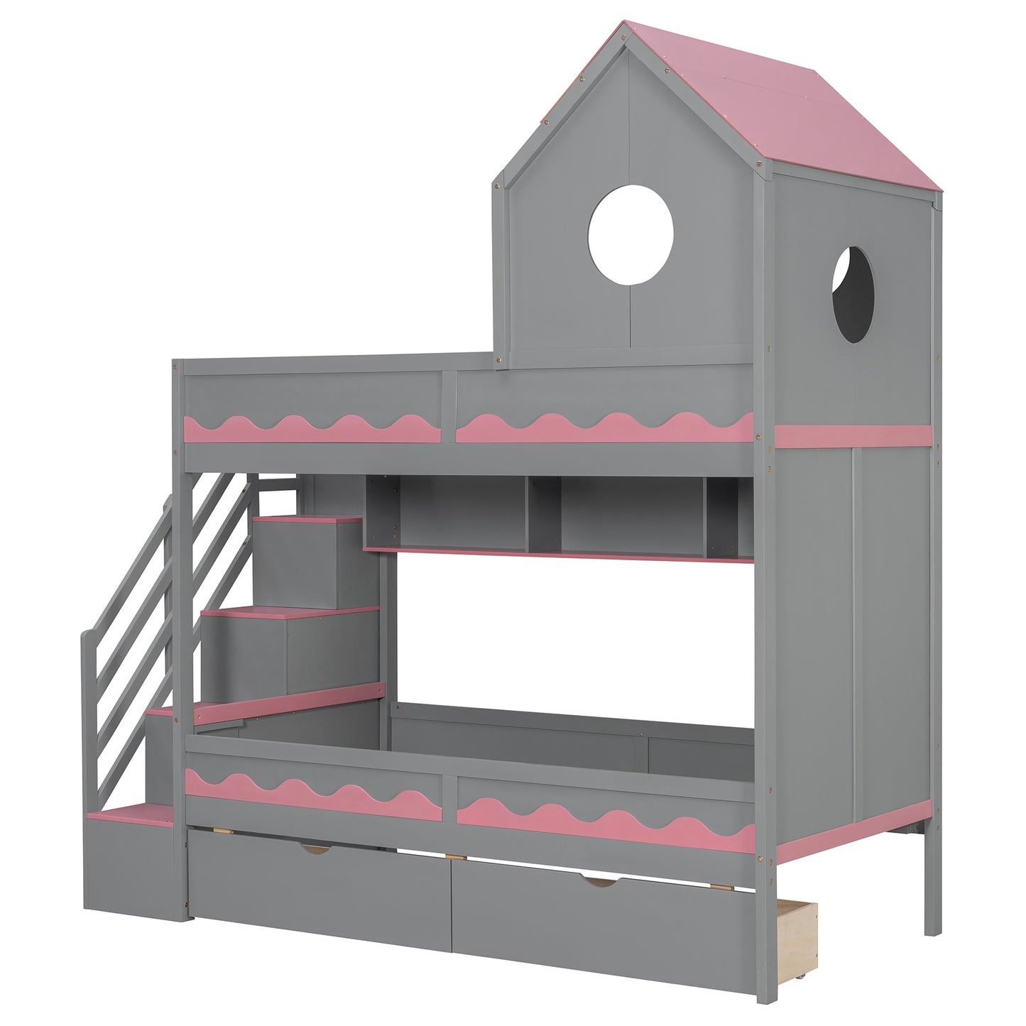 Twin Over Twin Bunk Bed with House-Shaped Roof and Storage Stairs, Wooden House Bed Frame with 2 Under-bed Drawers,Shelves,LED,Gray image 8