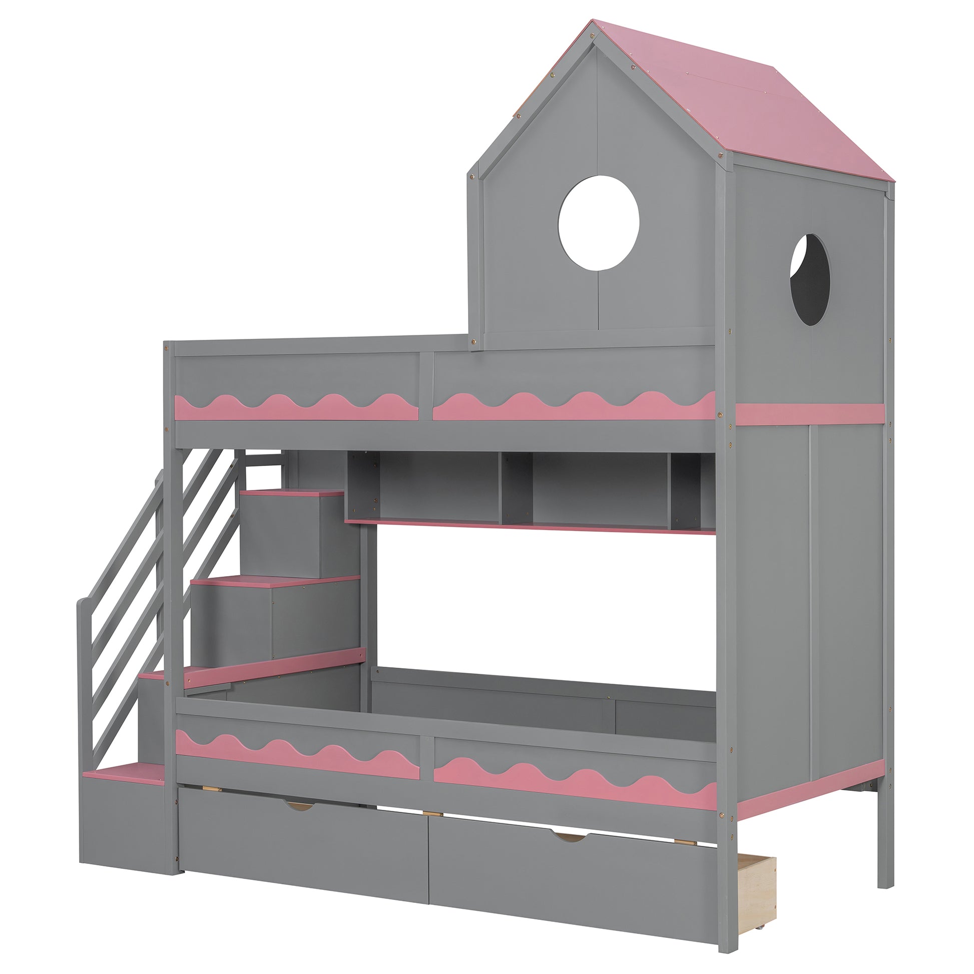 Twin Over Twin Bunk Bed with House-Shaped Roof and Storage Stairs, Wooden House Bed Frame with 2 Under-bed Drawers,Shelves,LED,Gray image 8