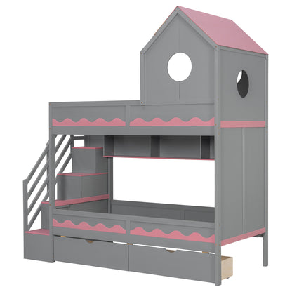 Twin Over Twin Bunk Bed with House-Shaped Roof and Storage Stairs, Wooden House Bed Frame with 2 Under-bed Drawers,Shelves,LED,Gray image 8