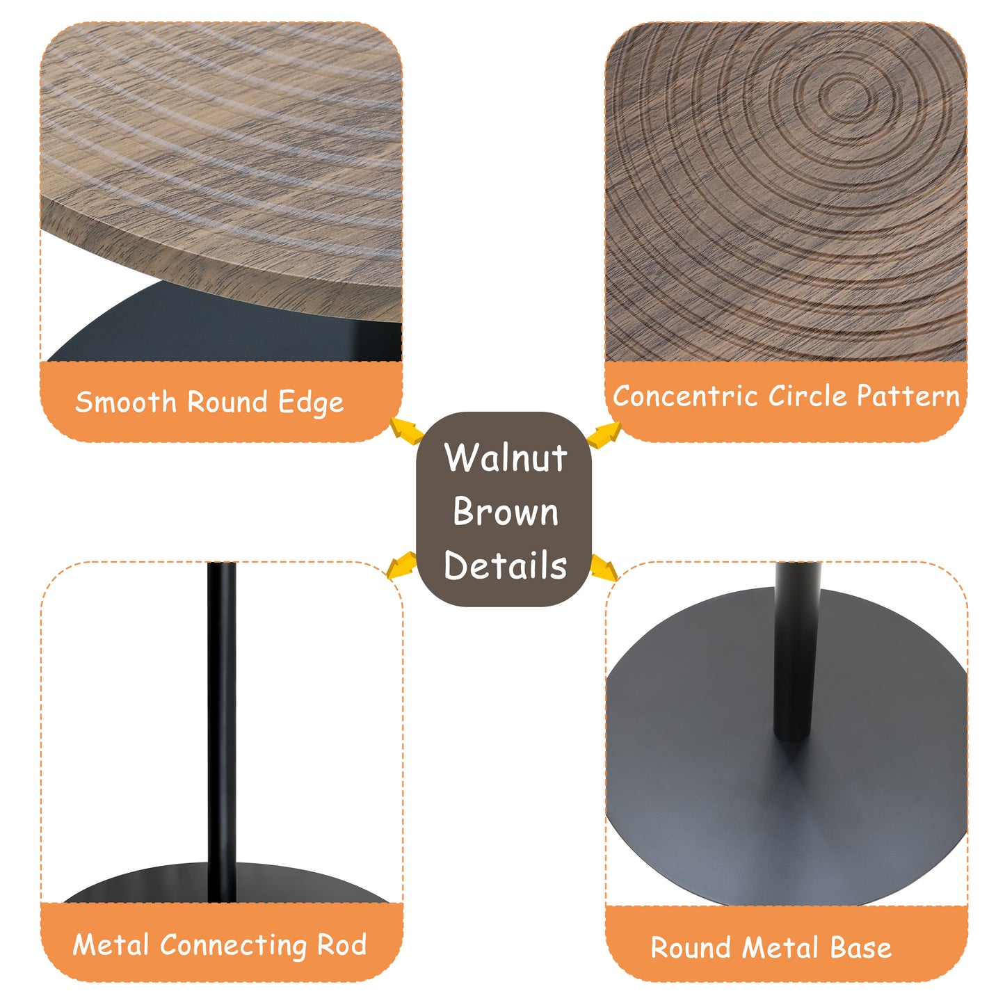 Set of 2 Small Round Side Table Wooden Concentric Circles Coffee Table for Two Metal Pedestal Nightstand for Corner Small Space (Walnut Brown & Black) image 11