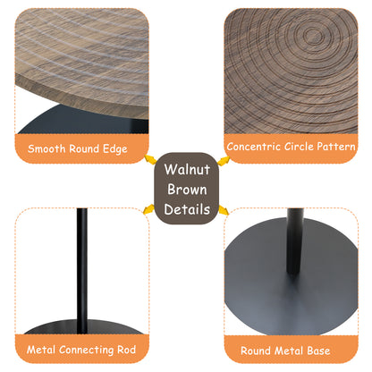 Set of 2 Small Round Side Table Wooden Concentric Circles Coffee Table for Two Metal Pedestal Nightstand for Corner Small Space (Walnut Brown & Black) image 11
