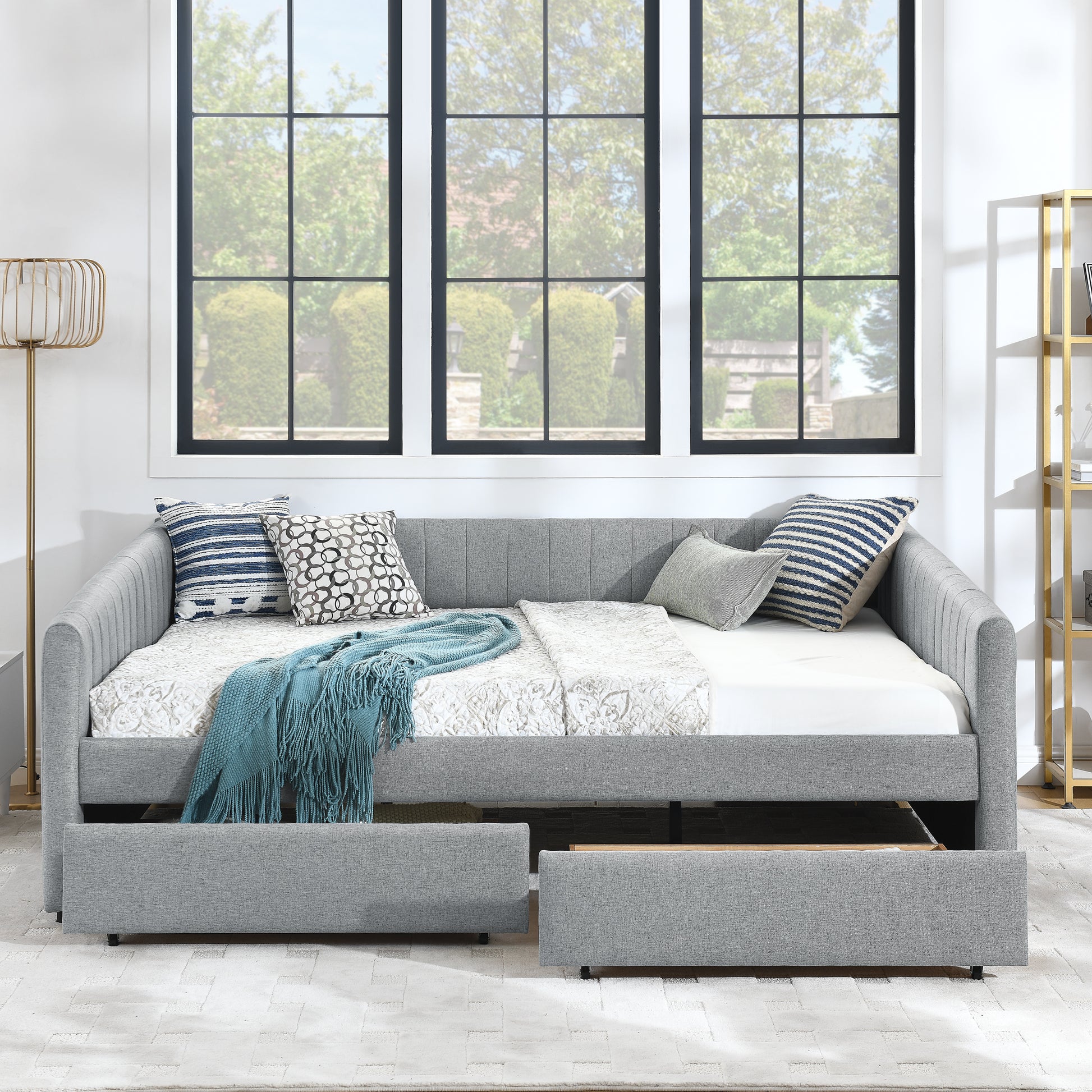 Queen Size Daybed with Two Drawers Trundle Upholstered Sofa Bed, with Vertical Stripes Linen Fabric, Grey (86.5"x65"x30") image 3