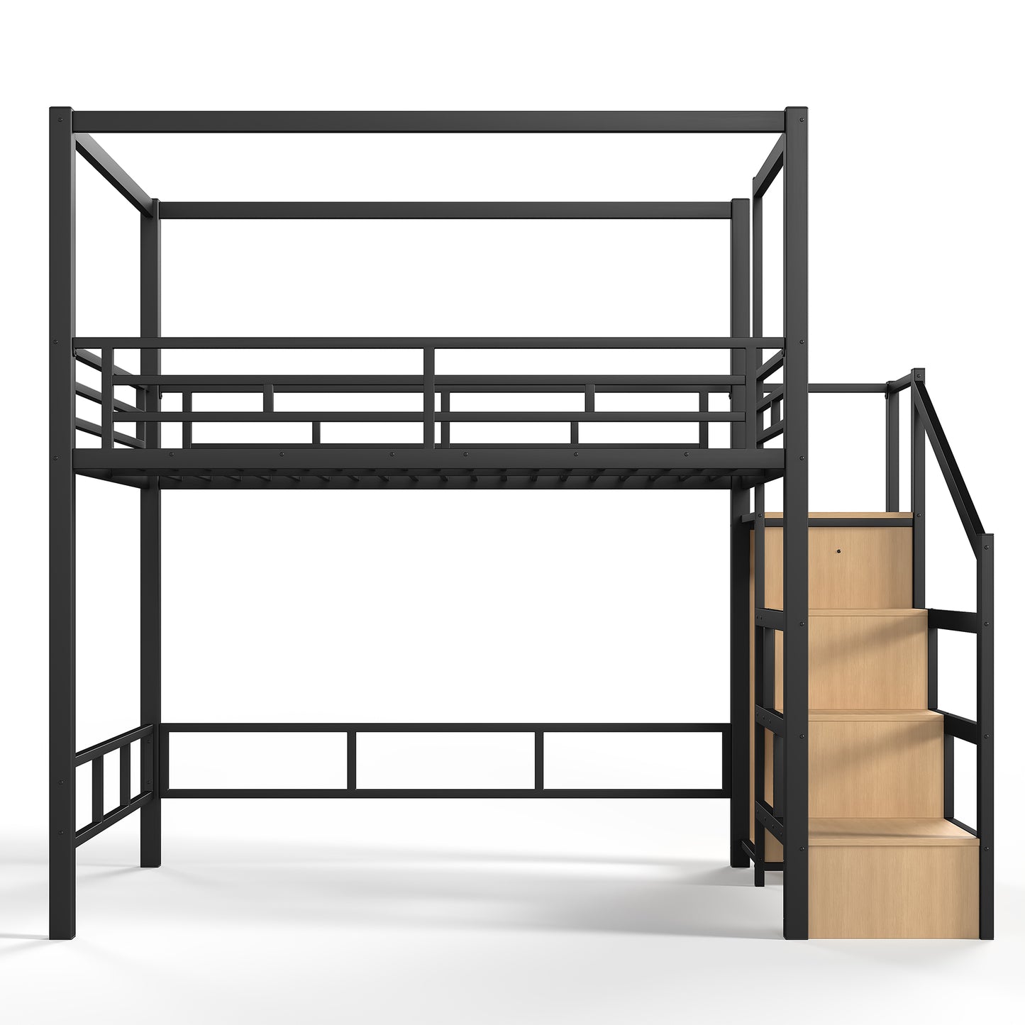 Full Loft Bed with Storage Stairs and Wardrobe, Metal Loft Bed with Canopy Frame, Ample Underbed Spaces Design, Black image 8