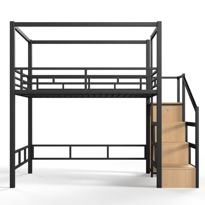 Full Loft Bed with Storage Stairs and Wardrobe, Metal Loft Bed with Canopy Frame, Ample Underbed Spaces Design, Black image 8