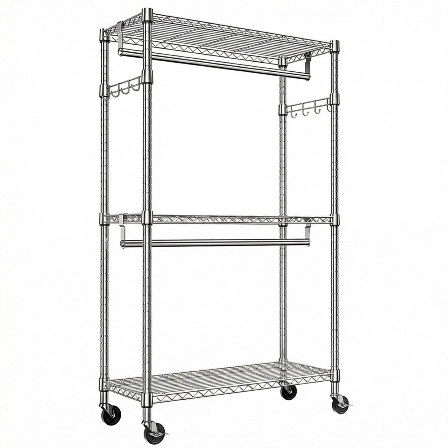 Heavy Duty Rolling Garment Rack 3 Tiers Adjustable Wire Shelving Clothes Rack with 2 Rods and Side Hooks,Storage Closet Clothing Rack with Wheels Chrome 15.7" D x 29.5" W x 74.5" H image 8
