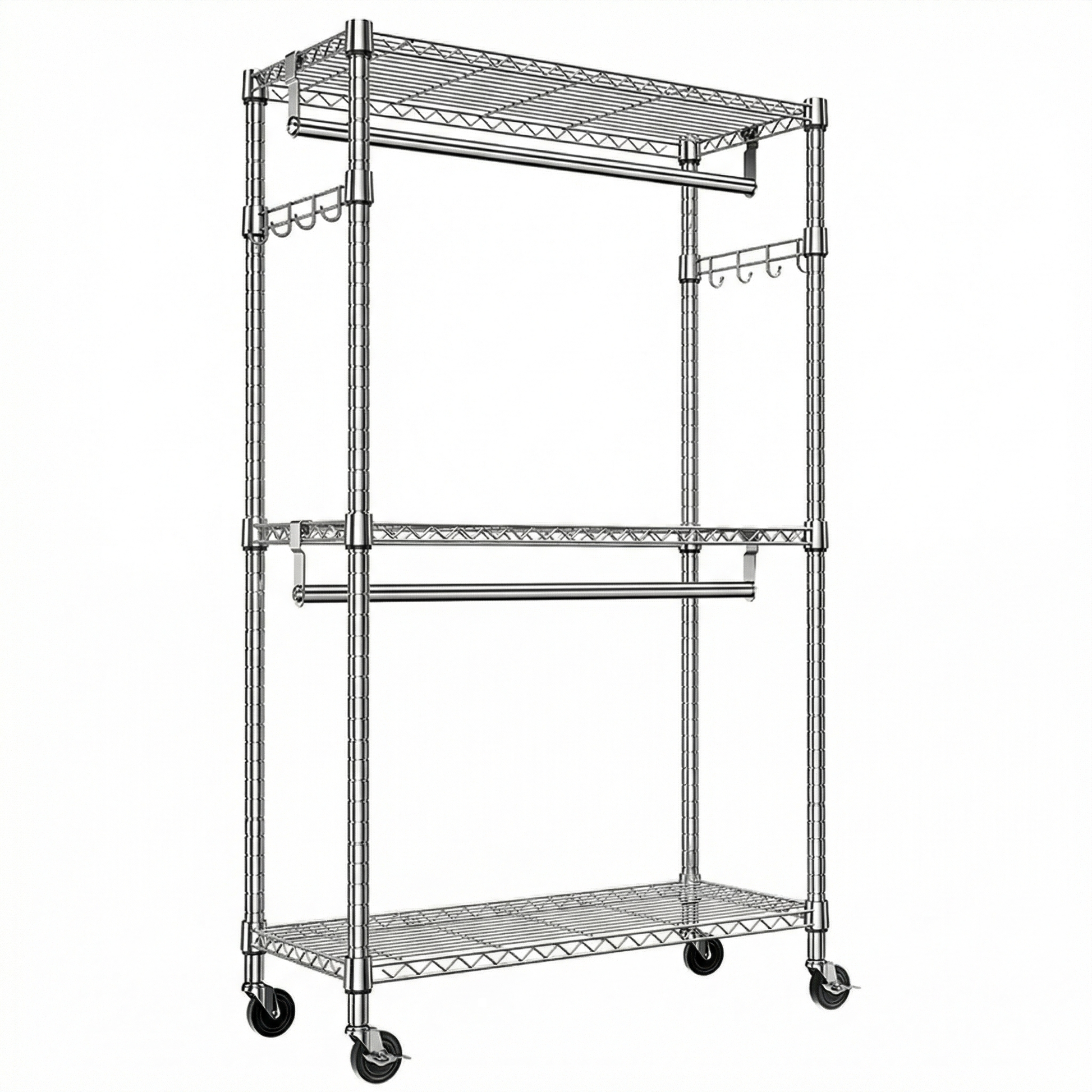 Heavy Duty Rolling Garment Rack 3 Tiers Adjustable Wire Shelving Clothes Rack with 2 Rods and Side Hooks,Storage Closet Clothing Rack with Wheels Chrome 15.7" D x 29.5" W x 74.5" H image 8