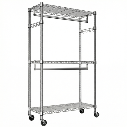 Heavy Duty Rolling Garment Rack 3 Tiers Adjustable Wire Shelving Clothes Rack with 2 Rods and Side Hooks,Storage Closet Clothing Rack with Wheels Chrome 15.7" D x 29.5" W x 74.5" H image 8