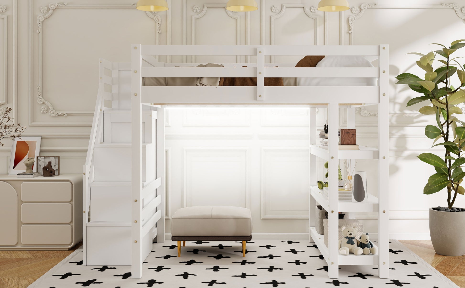 Full Size Loft Bed with Shelves, Storage Staircase, Small Wardrobe and White LED Light, White(Old SKU:N7090000472K) image 11