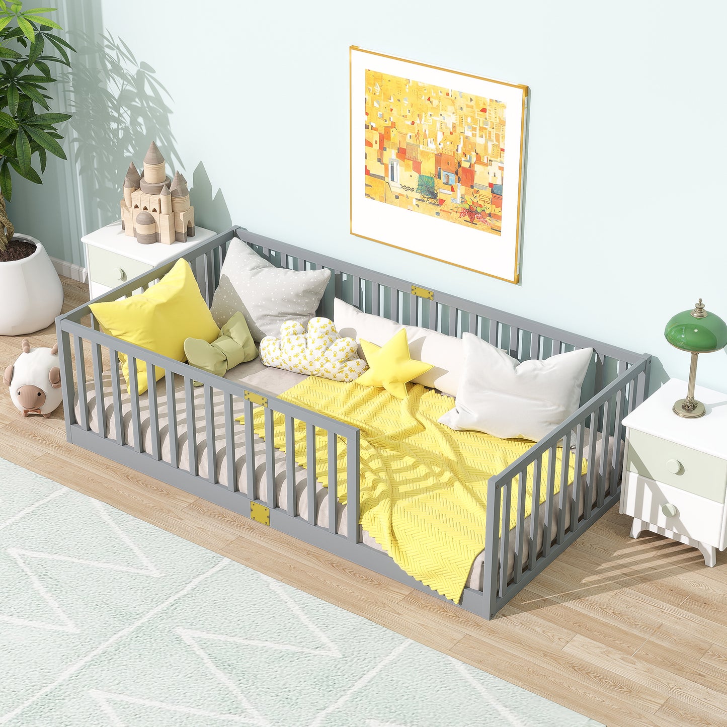 Twin Size Floor Bed with High Fence Railings, 6 Slats Included, Rubber Wood Floor Bed with Safety Guardrails, without Door,Grey image 1