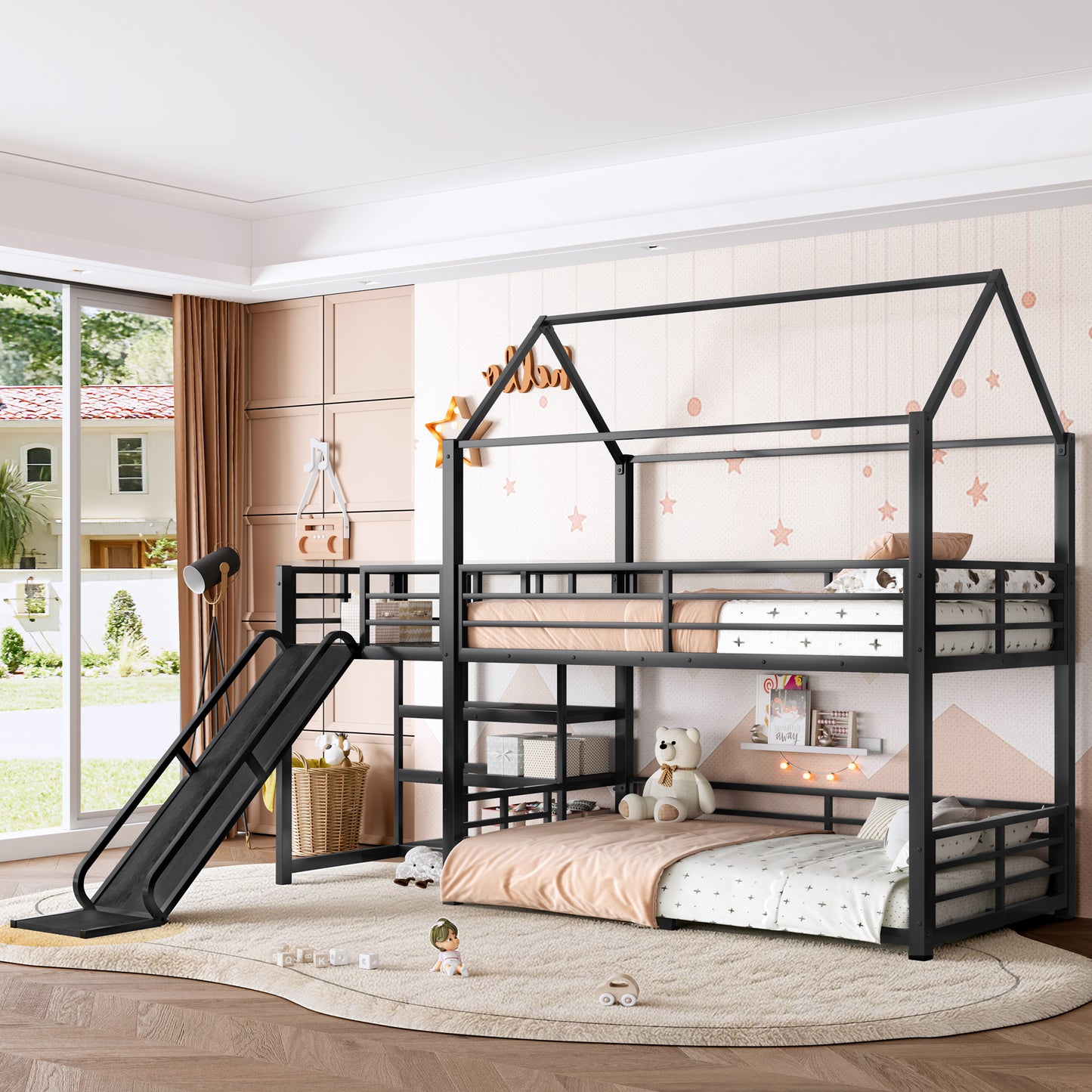 Twin metal House Bunk Bed with Storage Stairs, Slide, Safety Rails, Black image 3