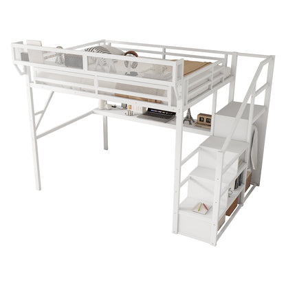 Queen Loft Bed with Desk and Charging Station, Queen Size Metal Loft Bed with Stairs and Light for Kids Teens,White(Expect Arrival Date 2026/3/7) image 7