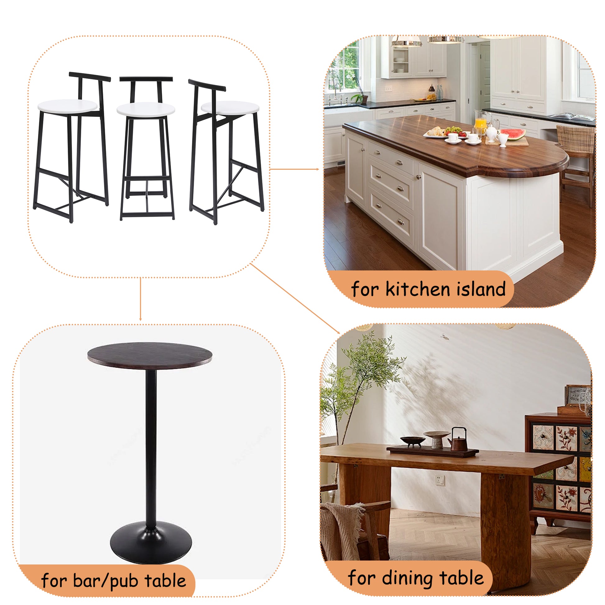 Bar Stools Kitchen Island Bar Chairs Set of 3 Metal Counter Barstools with Backrest for Dining Pub Room (Black & White) image 5