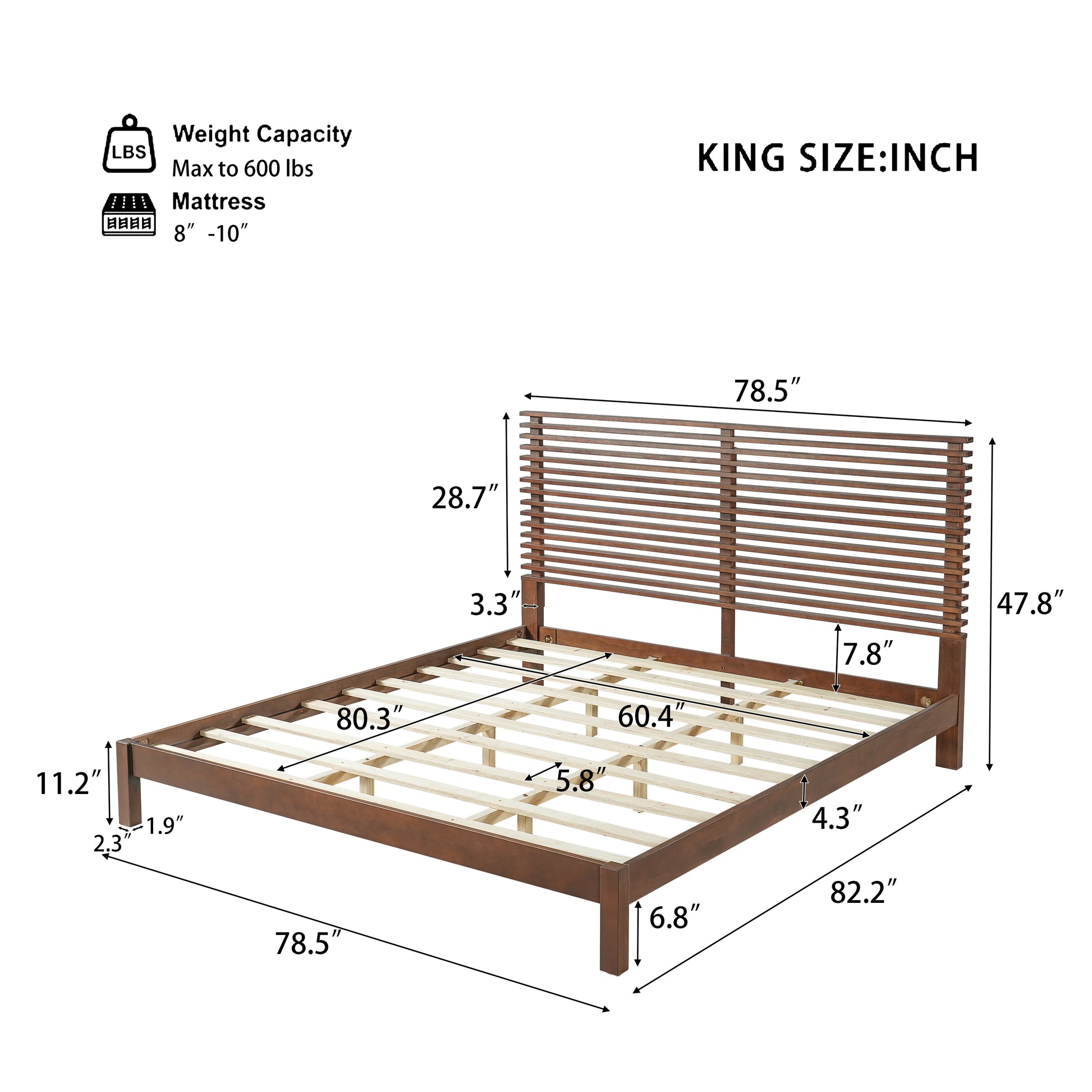 Premium Solid Wood King Size Bed Frame with Headboard, -Walnut Color, 600lbs Capacity, for Modern Bedroom,No Box Spring Needed, Fits All Mattresses image 2