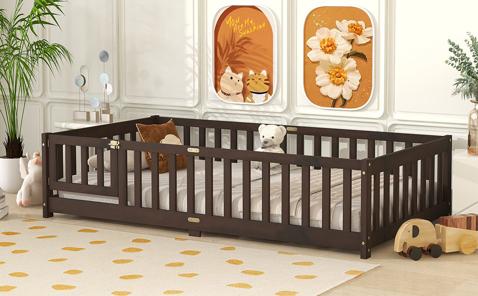 Twin Size Floor Bed with Fence and Door,Rubber Wood Floor Bed with Safety Guardrails,Espresso (Old Sku W504P286375) image 11