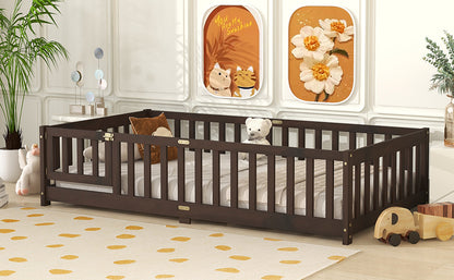 Twin Size Floor Bed with Fence and Door,Rubber Wood Floor Bed with Safety Guardrails,Espresso (Old Sku W504P286375) image 11