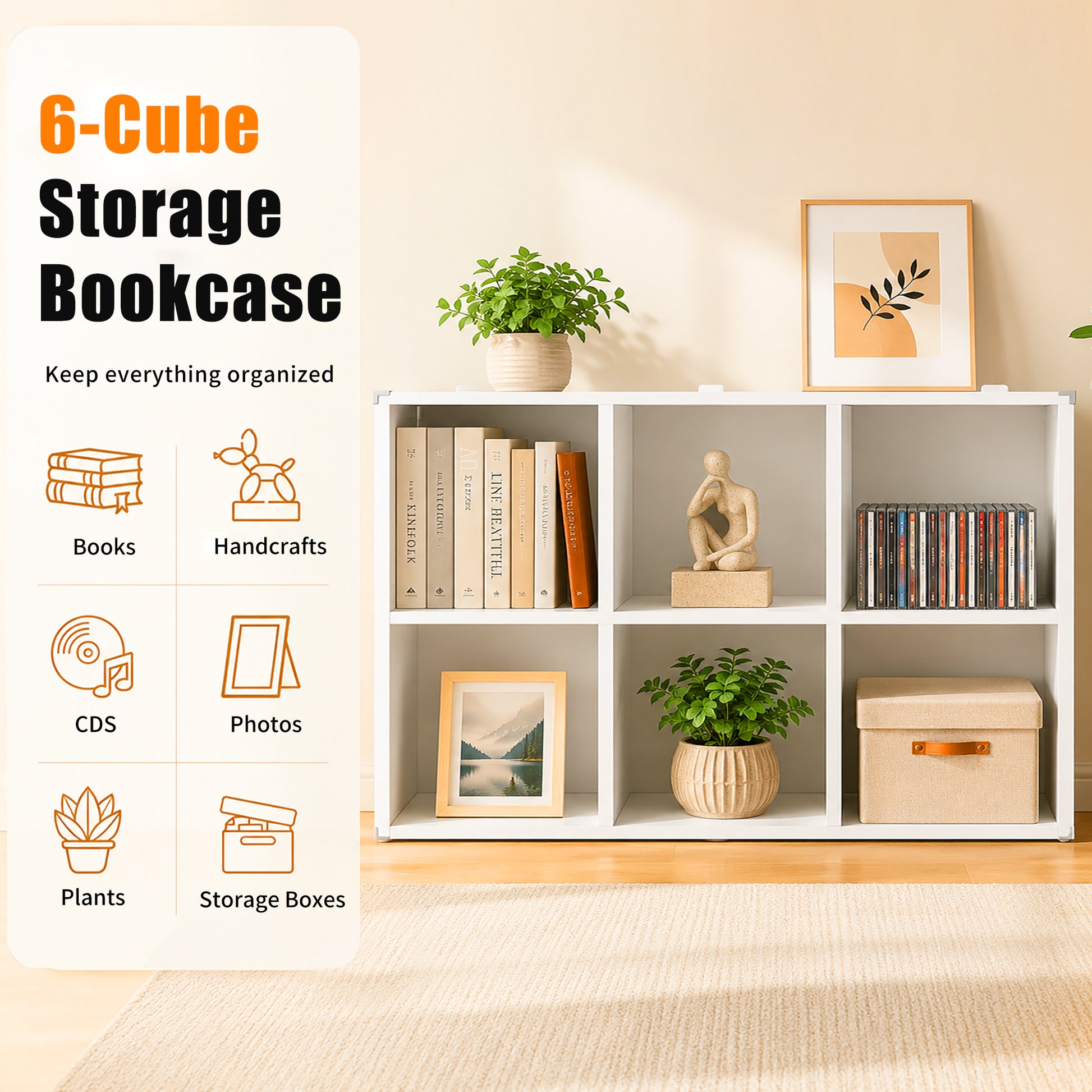 Book Shelf,Metal Bookcase,Display Shelf Storage Organizer,6-Cube Bookshelf,11.8"x 28" x 41",Easy Assembly,for Living Room,Bedroom,Home Office,White image 9