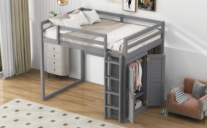 Wood Full Size Loft Bed with Built-in Wardrobe and Storage Shelves, Led light, Gray image 11