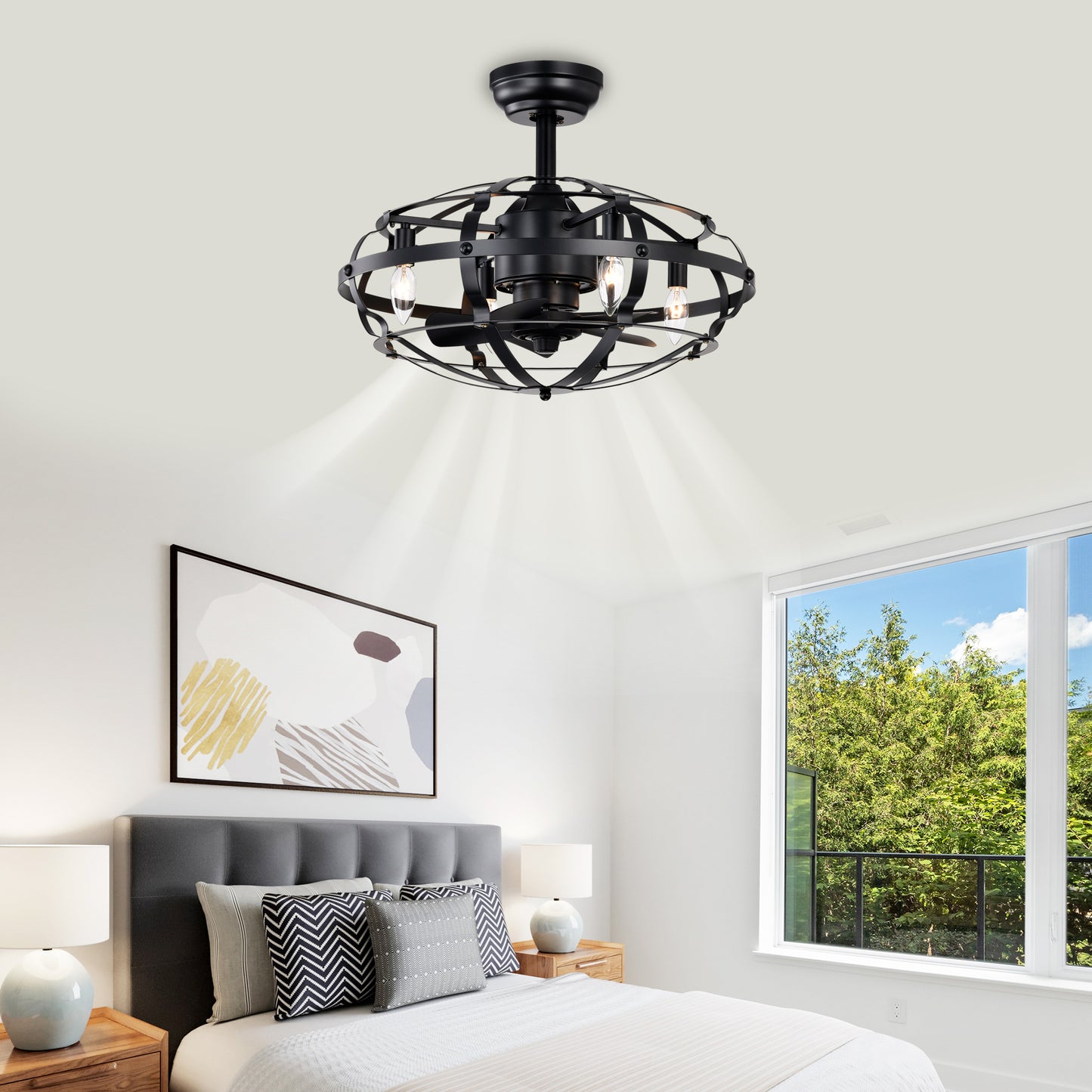 20.63 INCH Caged Ceiling Fan with Lights For Farmhouse, Bedroom Living Room bedroom--NOT Included Bulbs--Matte Black image 3