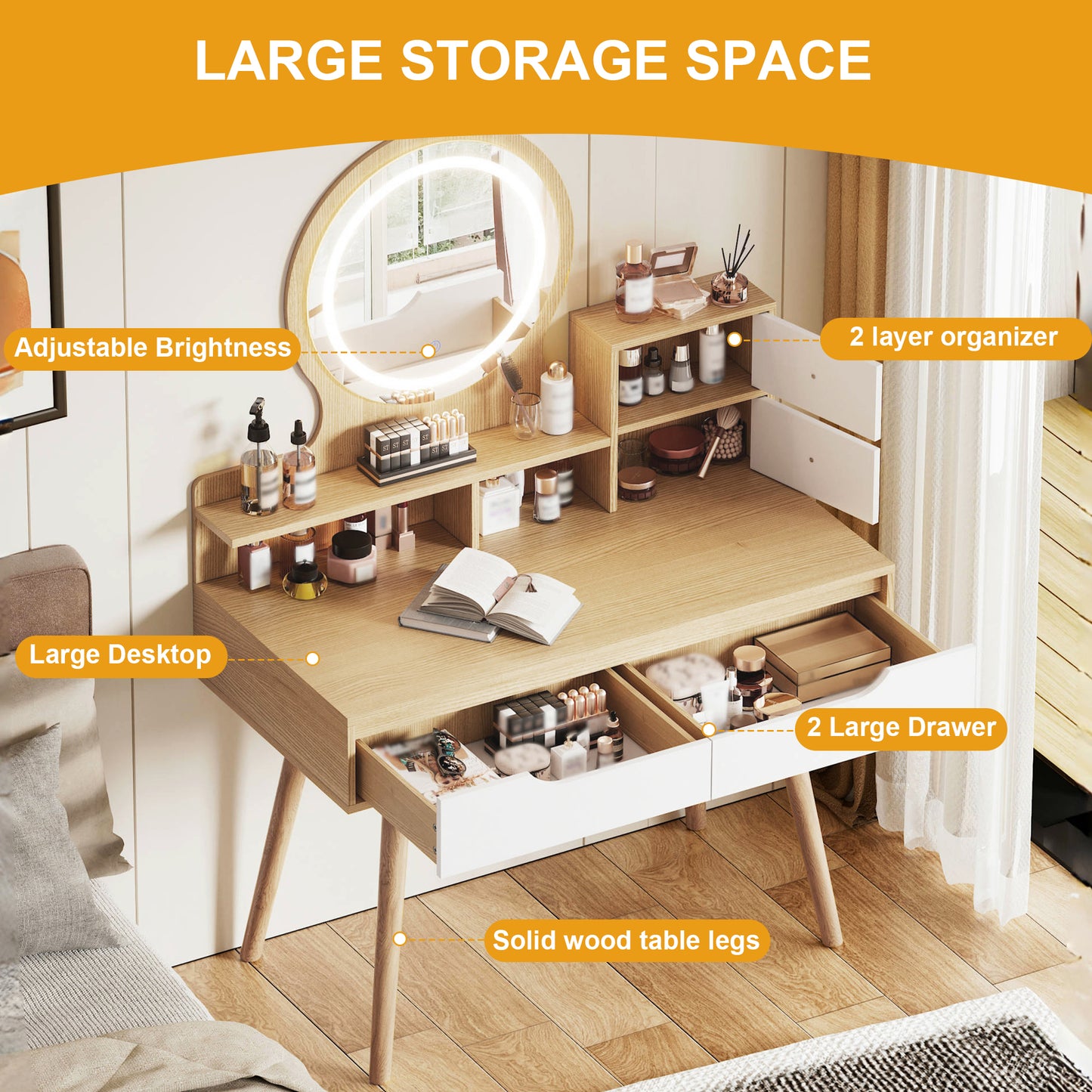 Makeup Vanity Desk with 3 Adjustable Lighted Mirror with solid wood table feet, Dressing Table Set with 4 drawers and 3 open shelves for Small space Bedroom image 4