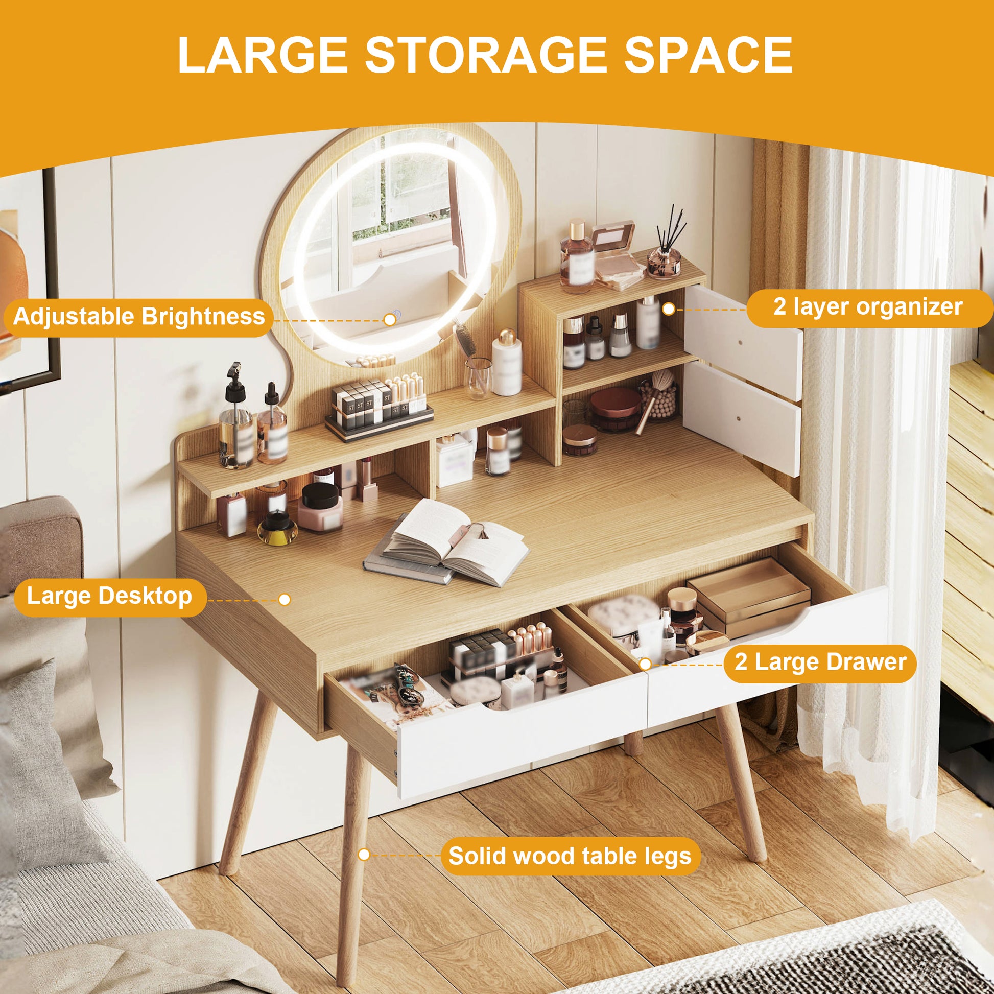 Makeup Vanity Desk with 3 Adjustable Lighted Mirror with solid wood table feet, Dressing Table Set with 4 drawers and 3 open shelves for Small space Bedroom image 4