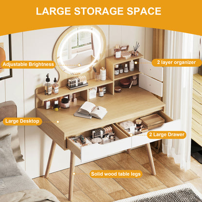 Makeup Vanity Desk with 3 Adjustable Lighted Mirror with solid wood table feet, Dressing Table Set with 4 drawers and 3 open shelves for Small space Bedroom image 4