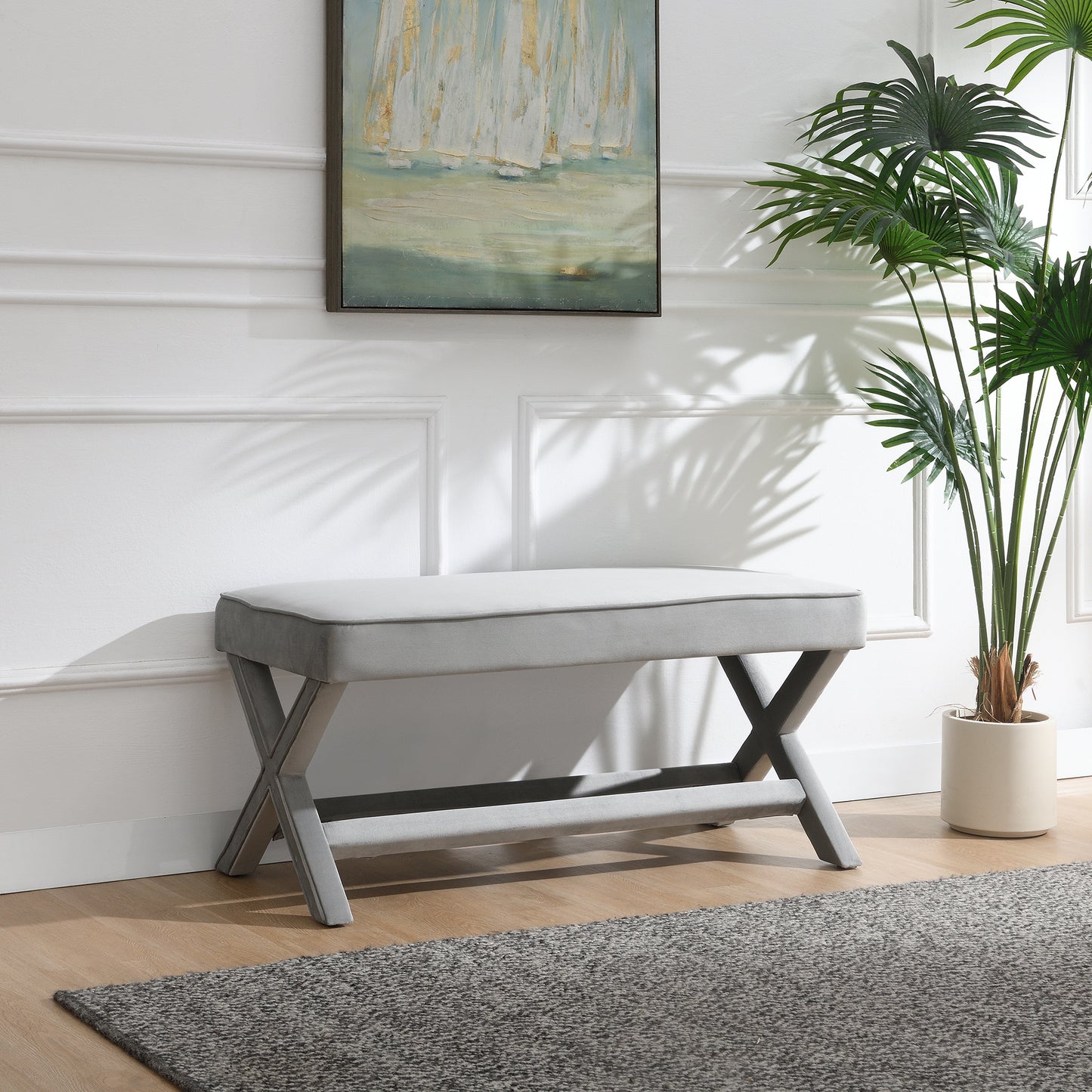 Comfort Double Bench Upholstered in Velvet Fabric,Stool with Stylish X-Crossed Legs,Comfort Cushion with piping,Velvet Light Grey image 1