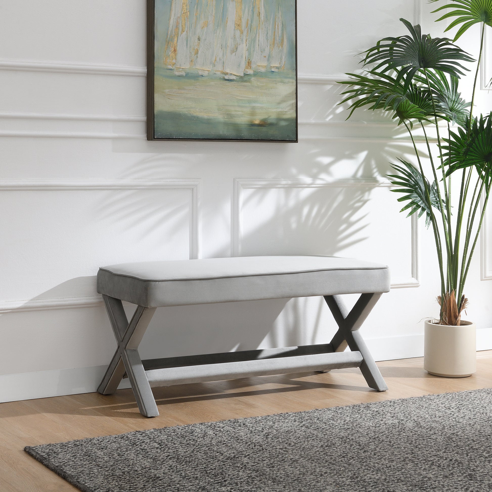 Comfort Double Bench Upholstered in Velvet Fabric,Stool with Stylish X-Crossed Legs,Comfort Cushion with piping,Velvet Light Grey image 1