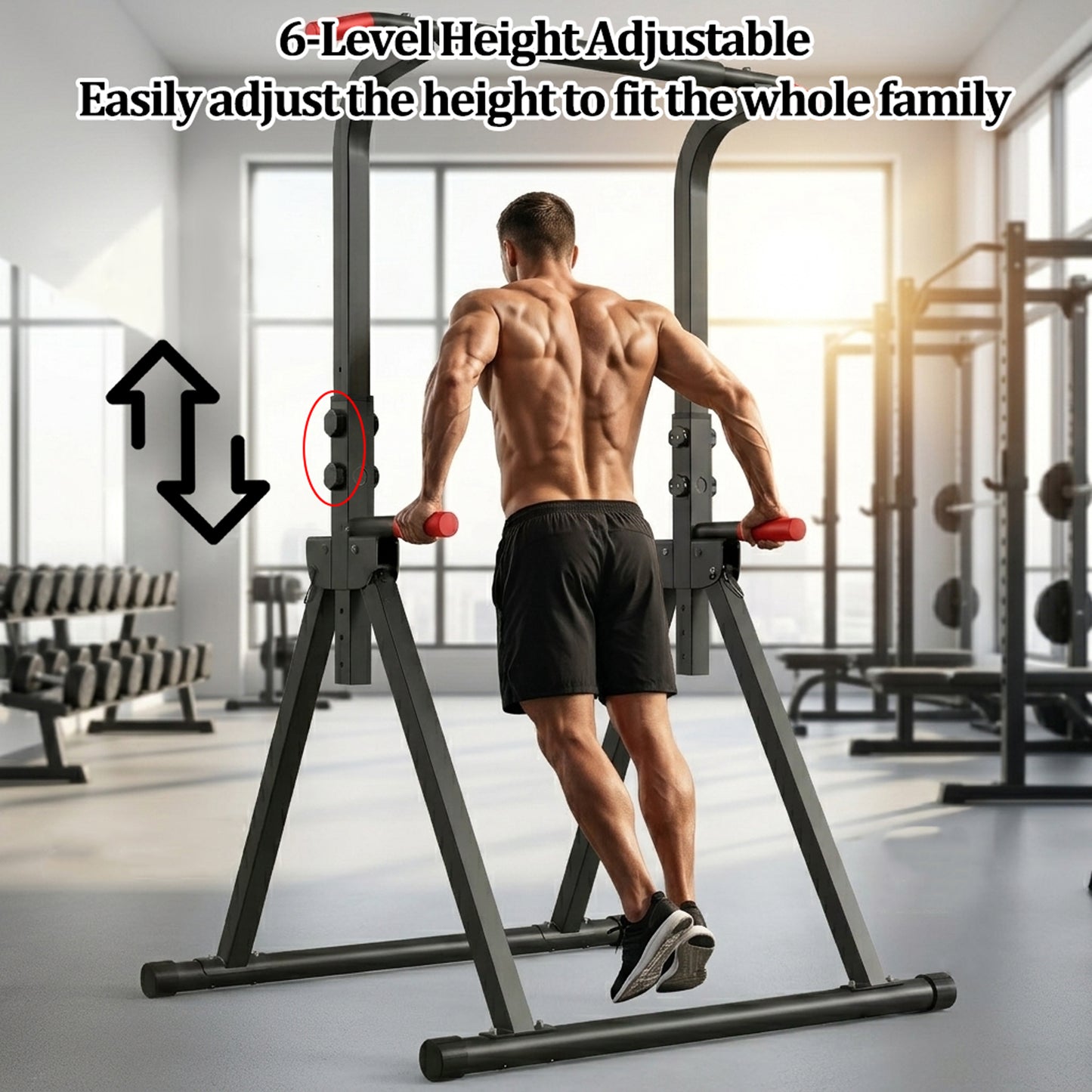 Foldable Pull Up Bar Standing Power Tower - Multi-Function Dip Station, 6-Level Adjustable Height Strength Training Fitness Equipment for Home Gym, 440lbs Max image 9