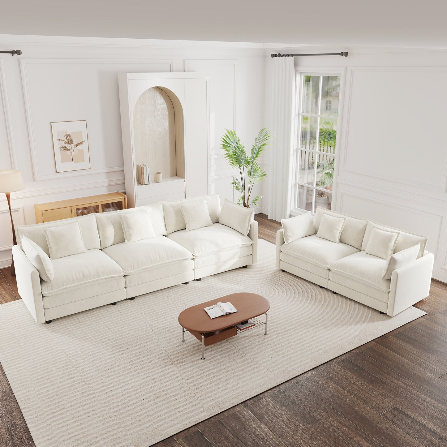 Sofa Set of 2 Chenille Couch, 2+3 Seater Sofa Set Deep Seat Sofa, Modern Sofa Set for Living Room, White Chenille image 1