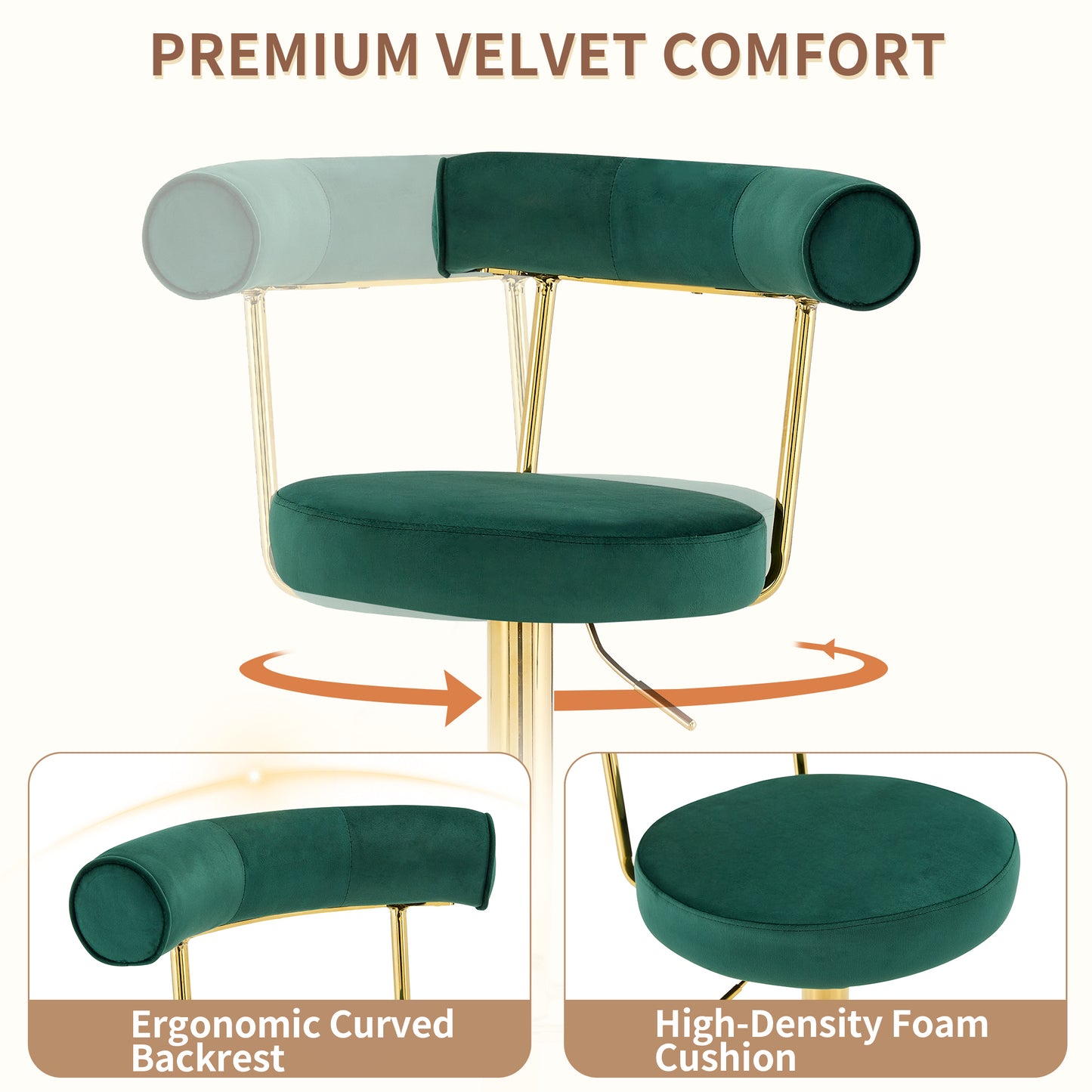 Soft Velvet Upholstered Swivel Adjustable Bar Chair with electroplated gold legs- Dining Room Living Room Bar Cafe Reception Desk Bar Stool(Dark Green, Set of 2) image 4