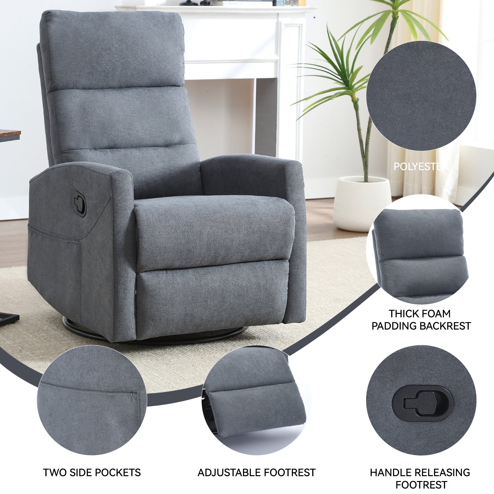 Manual Recliner Chair with Rocker and Swivel in Fabric for Living Room, Grey image 2