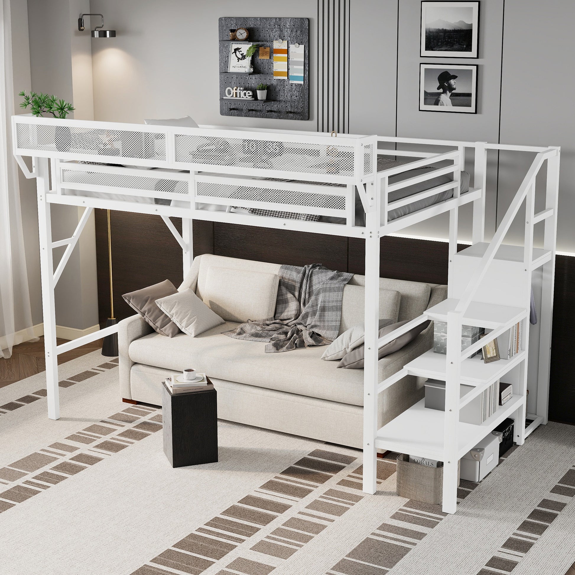 Twin XL Size Loft Bed with Stairs, Metal Full Loft Bed with Storage Shelves, High Loft Bed with Wardrobe for Kids Teens,White(Expect Arrival Date 2025/10/14) image 3