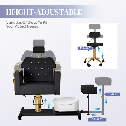 Pedicure Chair No Plumbing,Reclining Pedicure Station Unit with Adjustable Height and 360 Swivel,Hydraulic Foot Spa Chiar with Footrest and Massage Foot Bath, Gold image 3