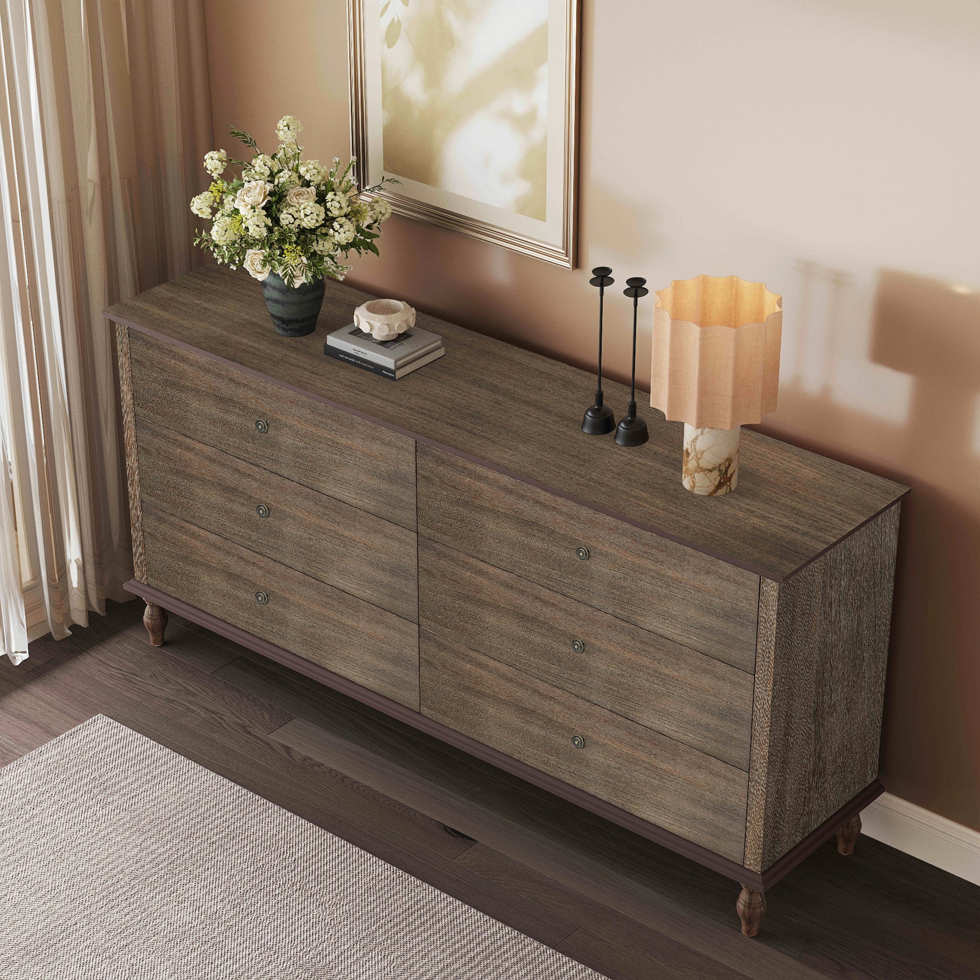 6-Drawer Double Wide Wood Dresser for Bedroom, Deep Brown Burnt Wood Finish Storage Chest with Self-Closing Slides, Metal Copper Handles, Solid Wood Roman Column Legs, Anti-Tip Kit Included image 2