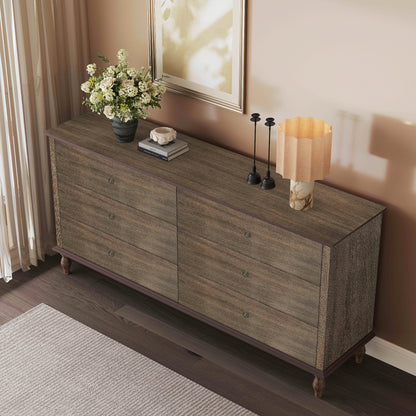6-Drawer Double Wide Wood Dresser for Bedroom, Deep Brown Burnt Wood Finish Storage Chest with Self-Closing Slides, Metal Copper Handles, Solid Wood Roman Column Legs, Anti-Tip Kit Included image 2