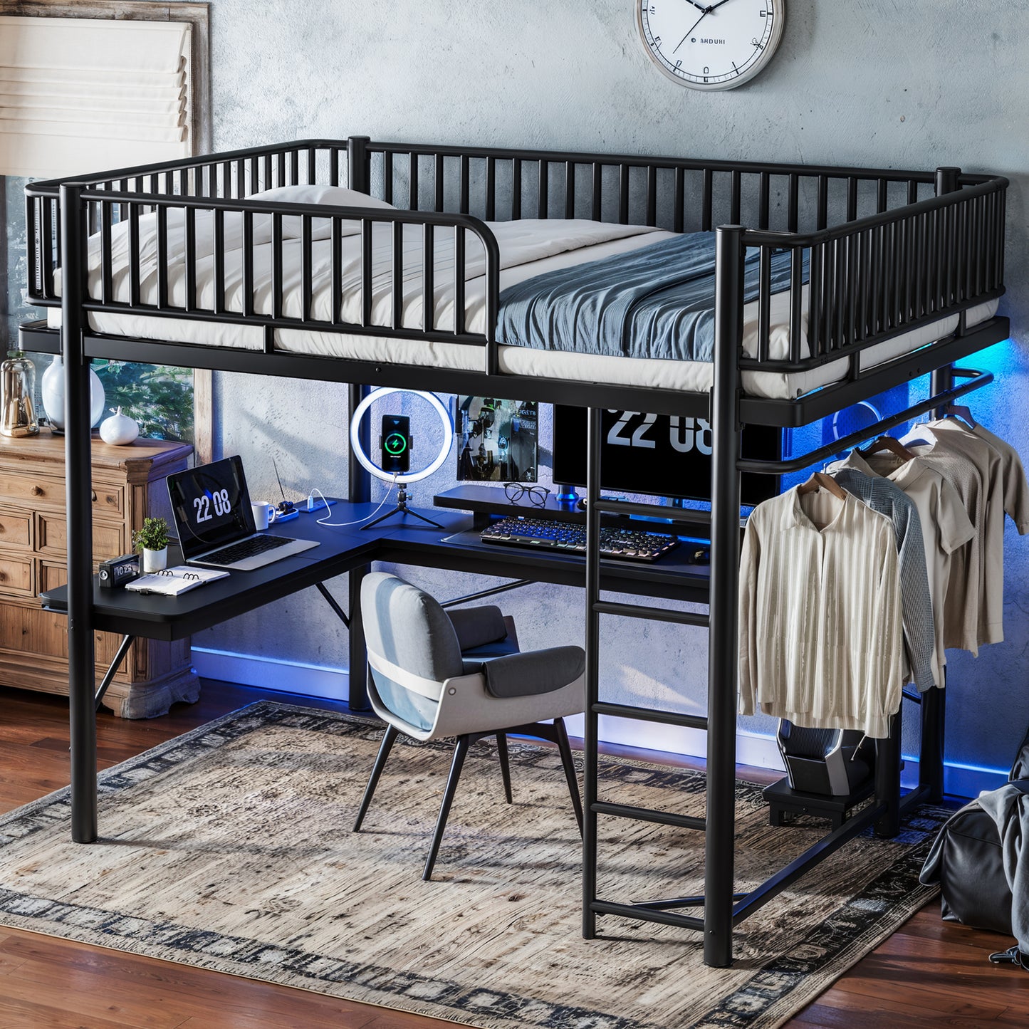 Queen Loft Bed with L-Shaped Desk,LED Light Strip and Charge Station, Metal Loft Bed with Computer Mainframe Tray and Hanging Area, Special Round Pipe Design, Black image 5