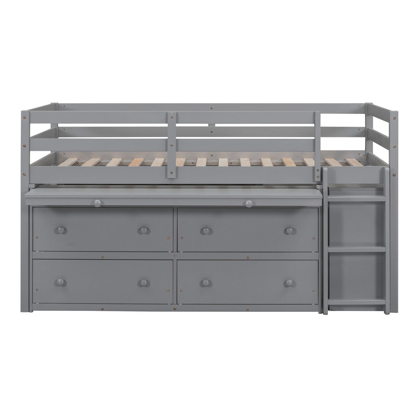 Twin Size Loft Bed with Retractable Writing Desk and 4 Drawers, Wooden Loft Bed with Lateral Portable Desk and Shelves, Gray image 3