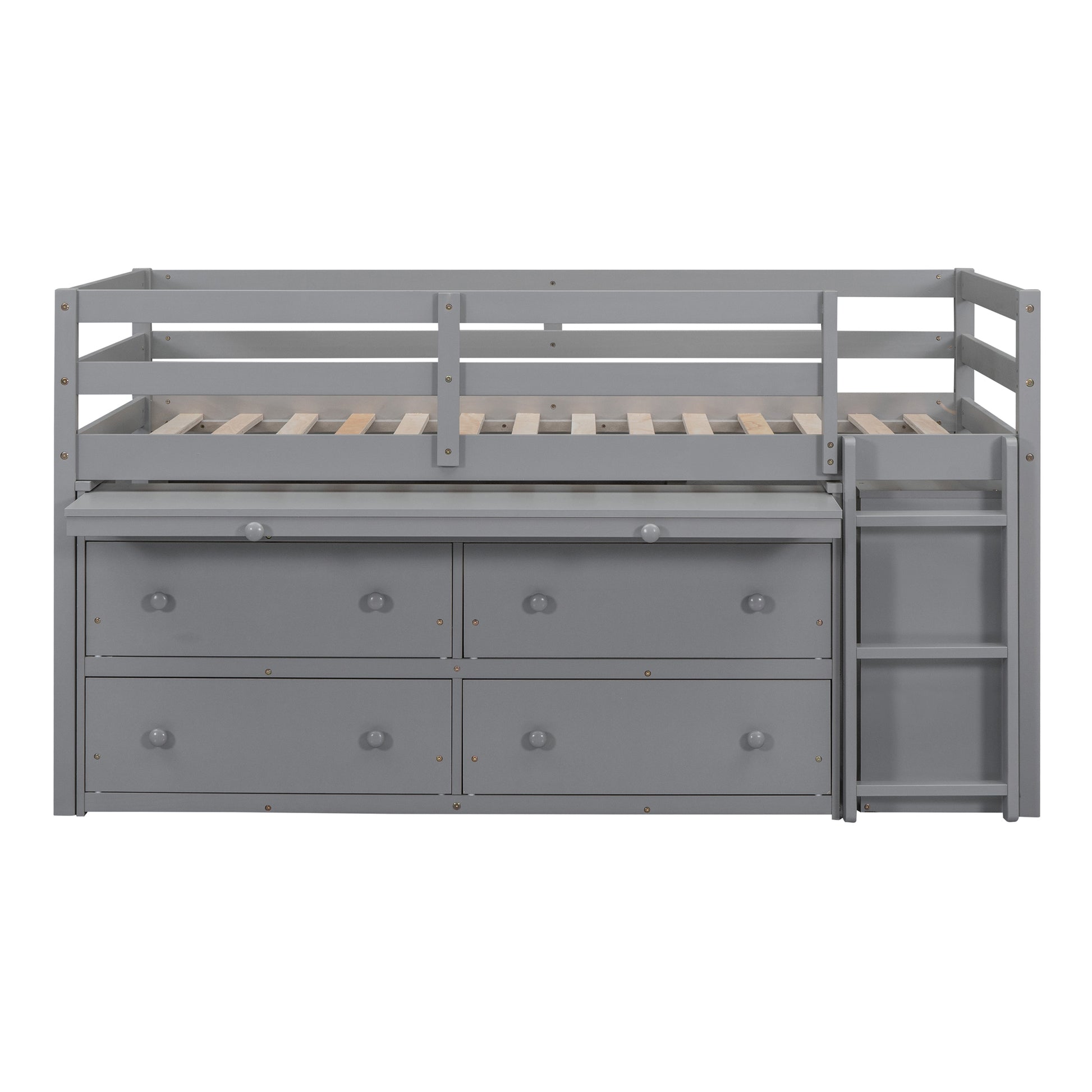 Twin Size Loft Bed with Retractable Writing Desk and 4 Drawers, Wooden Loft Bed with Lateral Portable Desk and Shelves, Gray image 3