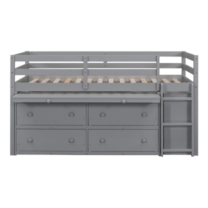Twin Size Loft Bed with Retractable Writing Desk and 4 Drawers, Wooden Loft Bed with Lateral Portable Desk and Shelves, Gray image 3